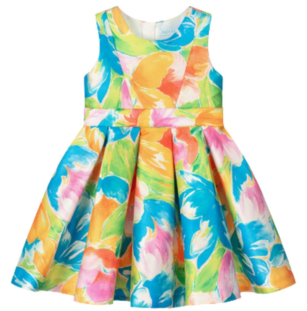 ABEL & LULA 5059 GIRLS BLUE AND ORANGE FLORAL PRINT MIKADO DRESS