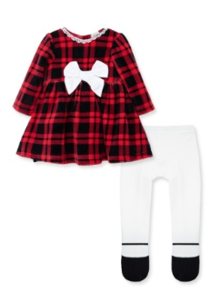 LITTLE ME LLU13844 BABY GIRLS JOYFUL TIME PLAID DRESS SET WITH MATCHING TIGHTS