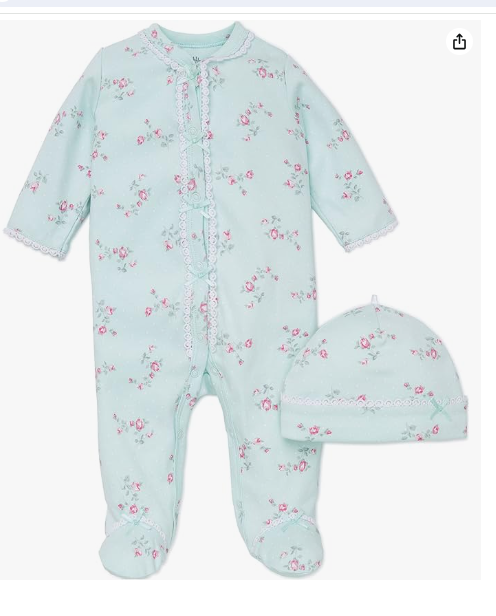 Little Me LBQ03985 Baby-Girls Newborn Floral Spray Footie and Hat, Mint Print