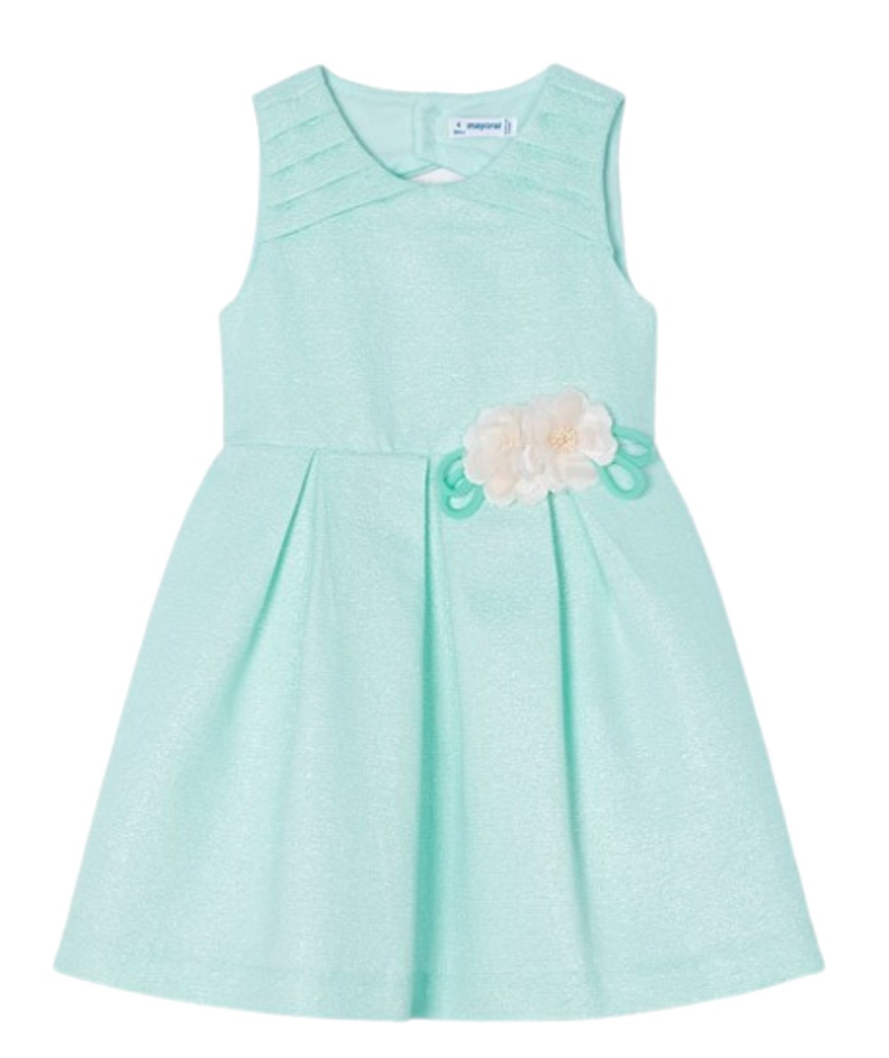 MAYORAL 3914 GIRLS 2 PIECE AQUA FLOWER APPLIQUE DRESS WITH MATCHING CARDIGAN