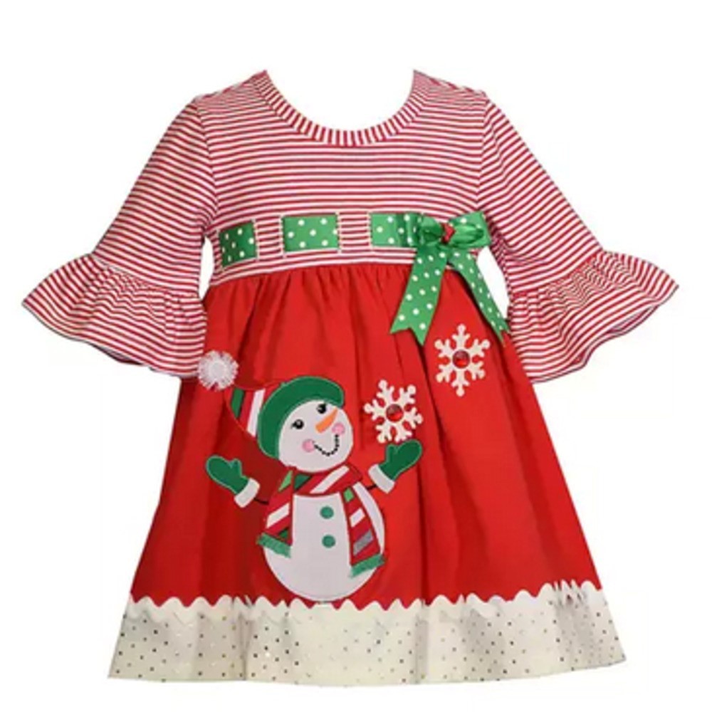 BONNIE JEAN X2-10623-DT TODDLER GIRLS 3/4 SLEEVE SNOWMAN DRESS 