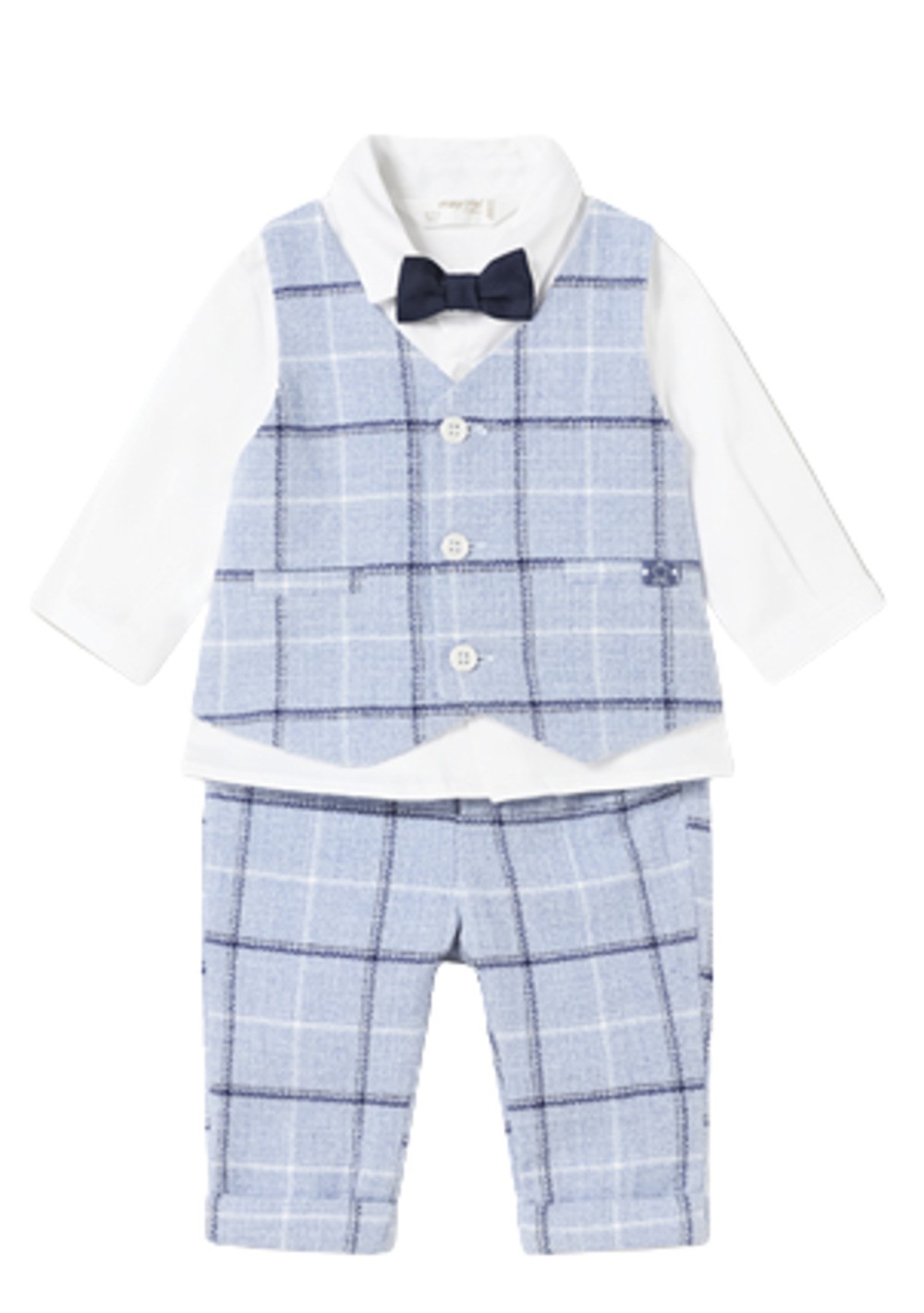 MAYORAL 2520 BABY BOYS 3PC  BLUE CHECK PANT BOWTIE IMITATION SHIRT VEST 