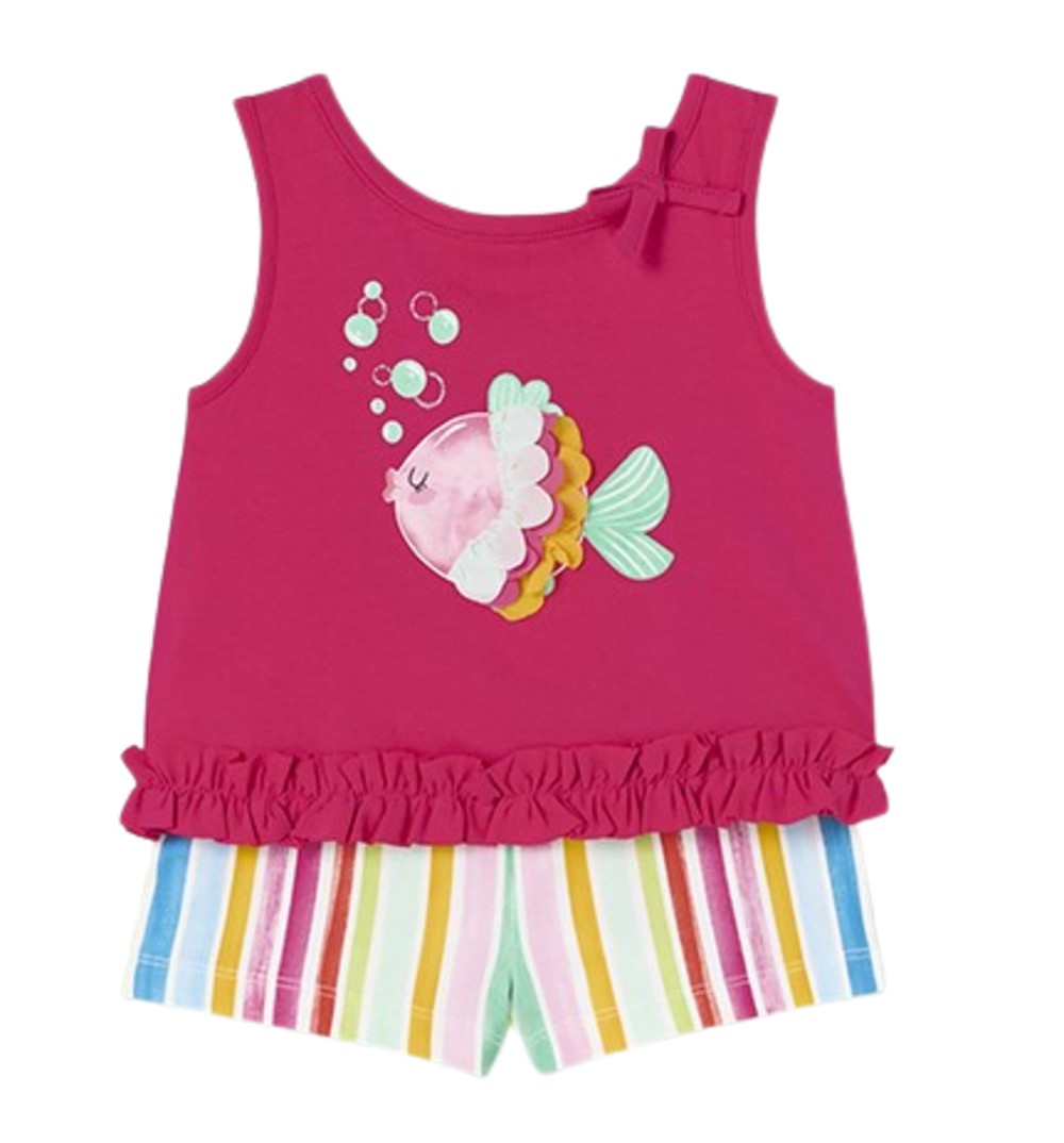 MAYORAL BABY 1277 GIRLS PINK FISH TANK TOP WITH STRIPED SHORTS SET